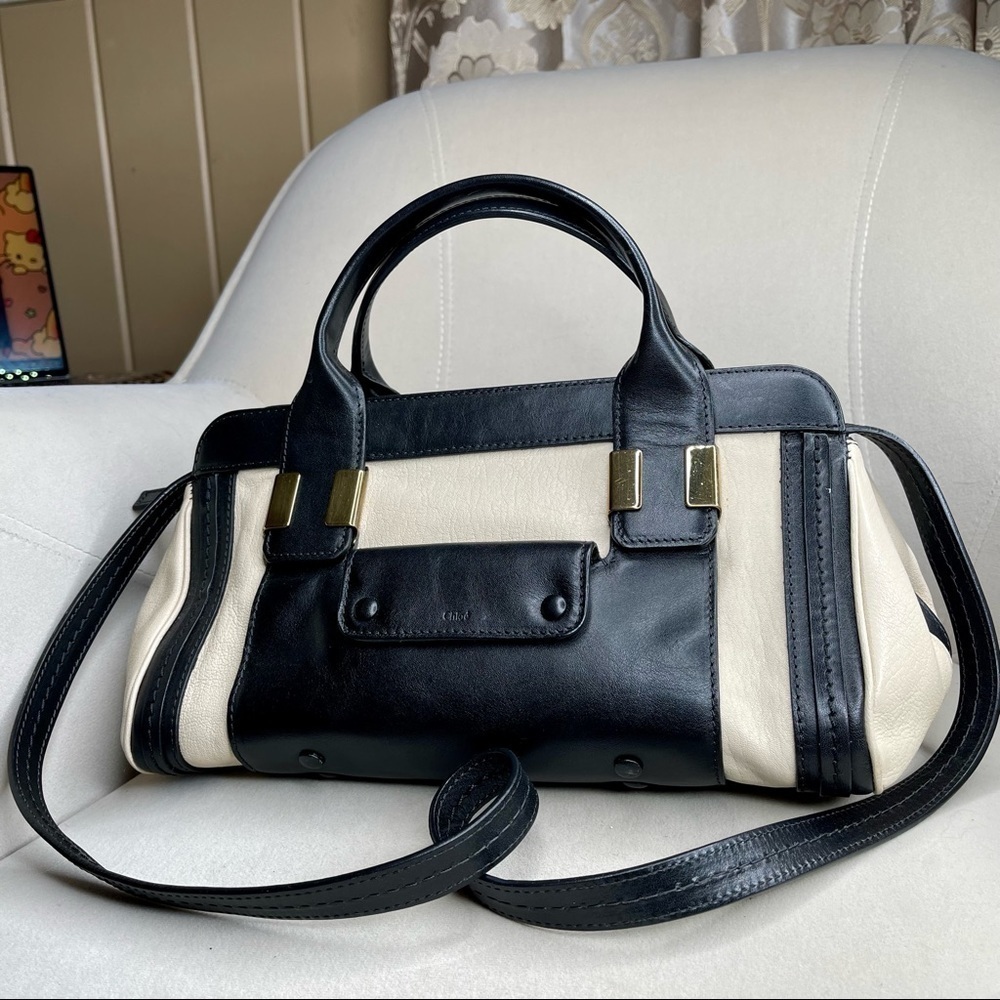 CHLOE Alice Cream & Black Leather Convertible Satchel Bag Handbag Shoulder Strap